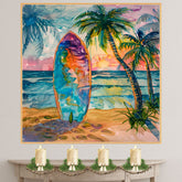 Watercolor Painting of Multicolored Surfboard at Tropical Beach Sunset with Palm Trees on Ready to Hang 1.5" Thick Canvas Wrap, Floating Framed Canvas, Flat Rolled Canvas